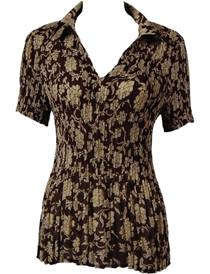 1/2 Sleeve with Collar mini pleat top - Floral Brown-Ivory