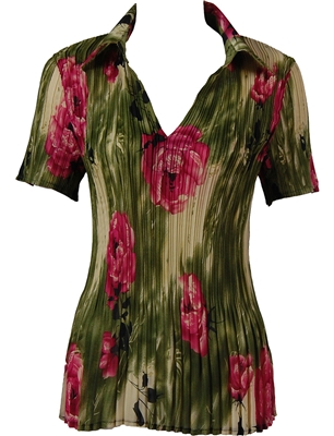 1/2 Sleeve with Collar mini pleat top - Roses Olive-Pink