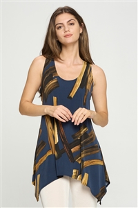 Two point tank top - navy with gold print - polyester/spandex