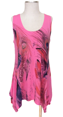 Two point tank top - pink - feathers with stones - polyester/spandex