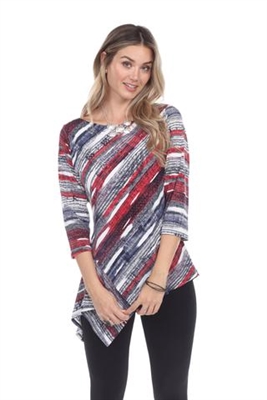 3/4 sleeve asymmetric tunic top - red/grey - polyester/spandex