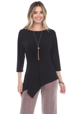 3/4 sleeve asymmetric tunic top - black - polyester/spandex