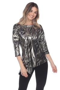 3/4 sleeve asymmetric tunic top - gold/black - polyester/spandex