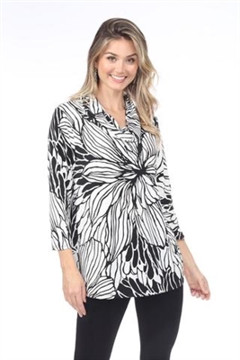 Cowl neck tunic top - black/white floral - polyester/spandex