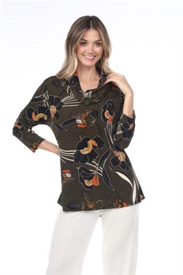 Cowl neck tunic top -  olive print - polyester/spandex