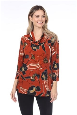 Cowl neck tunic top - rust print - polyester/spandex
