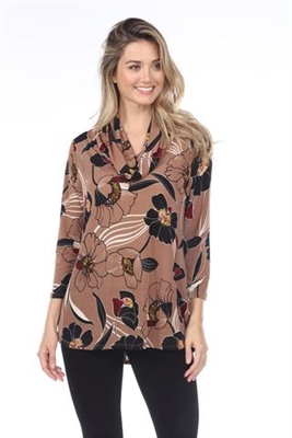 Cowl neck tunic top -  taupe print - polyester/spandex