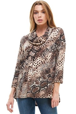 Cowl neck tunic top - brown animal - polyester/spandex