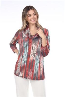Cowl neck tunic top - multi print - polyester/spandex