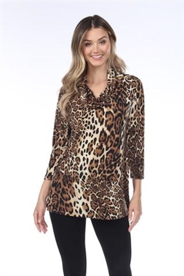 Cowl neck tunic top - brown leopard - polyester/spandex