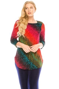 3/4 sleeve tunic top - red/green tie dye - polyester/spandex