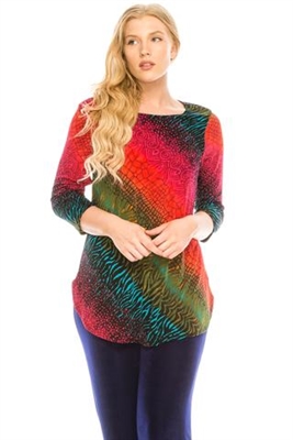 3/4 sleeve tunic top - red/green tie dye - polyester/spandex