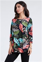 3/4 sleeve tunic top - olive/coral palms - polyester/spandex
