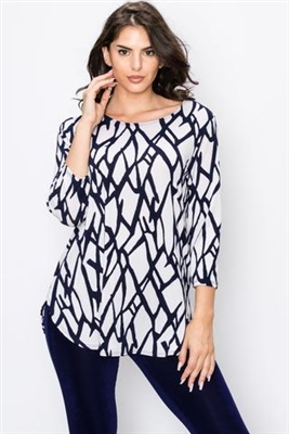 3/4 sleeve tunic top - navy print on white- polyester/spandex