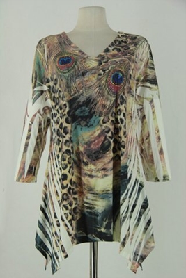 3/4 sleeve 2 point top - ivy leopard / peacock feathers - polyester/spandex