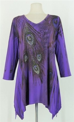 3/4 sleeve 2 point top - purple peacock feathers - polyester/spandex