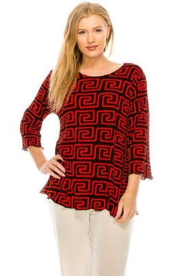 3/4 sleeve top with lettuce finish - red/black print - polyester/spandex
