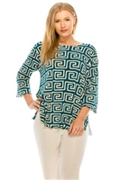 3/4 sleeve top with lettuce finish - teal/white print - polyester/spandex