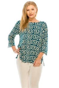 3/4 sleeve top with lettuce finish - teal/white print - polyester/spandex