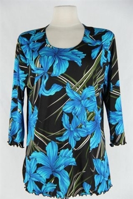 3/4 sleeve top with lettuce finish - blue iris print - polyester/spandex