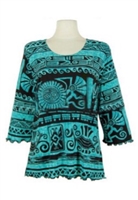3/4 sleeve top with lettuce finish - teal aztec - polyester/spandex