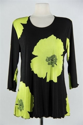 3/4 sleeve top with lettuce finish - green big flower - polyester/spandex