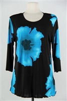 3/4 sleeve top with lettuce finish - blue big flower - polyester/spandex