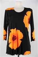 3/4 sleeve top with lettuce finish - orange big flower - polyester/spandex