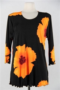 3/4 sleeve top with lettuce finish - orange big flower - polyester/spandex