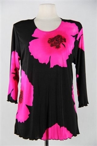 3/4 sleeve top with lettuce finish - pink big flower - polyester/spandex