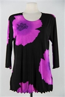 3/4 sleeve top with lettuce finish - purple big flower - polyester/spandex