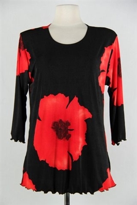 3/4 sleeve top with lettuce finish - red big flower - polyester/spandex