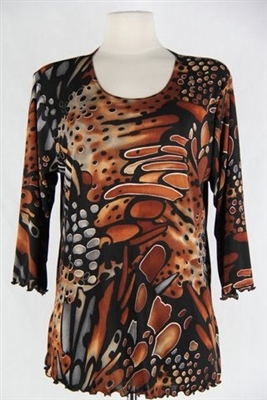 3/4 sleeve top with lettuce finish - brown/grey animal print - polyester/spandex