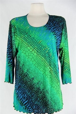 3/4 sleeve top with lettuce finish - green tie dye print - polyester/spandex