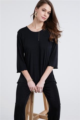 3/4 sleeve top with lettuce finish - black - polyester/spandex