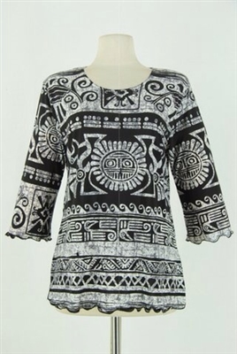 3/4 sleeve top with lettuce finish - black/grey aztec - polyester/spandex