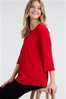 3/4 sleeve top with lettuce finish - red - polyester/spandex
