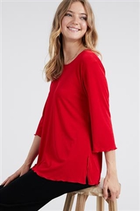 3/4 sleeve top with lettuce finish - red - polyester/spandex