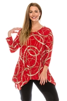 3/4 sleeve 2 point top - gold rings on red - polyester/spandex