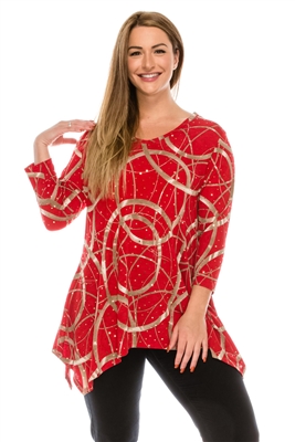 3/4 sleeve 2 point top - gold rings on red - polyester/spandex