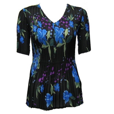 3/4 sleeve mini pleat top - black/blue floral print