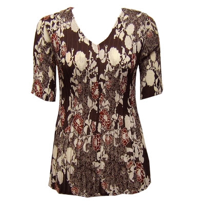 3/4 sleeve mini pleat top - chocolate ivory floral