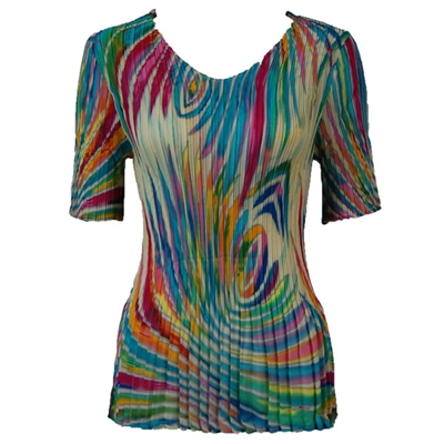 3/4 sleeve mini pleat top - rainbow swirl on ivory