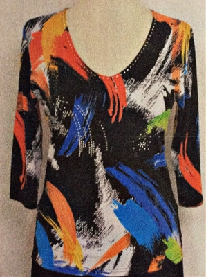 3/4 sleeve top with rhinestones - blue/orange/white on black