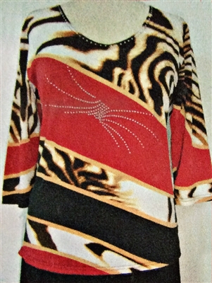 3/4 sleeve top with rhinestones - red/gold/animal diagonal bands