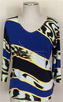3/4 sleeve top with rhinestones - blue/gold/animal diagonal bands