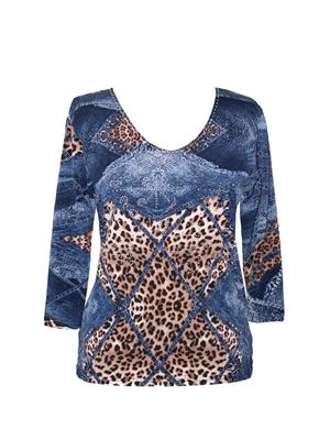 3/4 sleeve top with rhinestones - leopard diamonds on blue