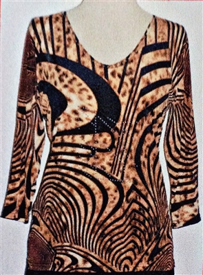 3/4 sleeve top with rhinestones - black print on gold leopard