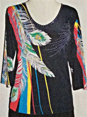 3/4 sleeve top with rhinestones -  feathers on primary colors