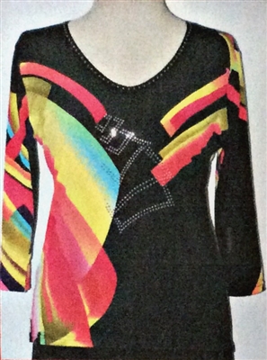3/4 sleeve top with rhinestones - multicolor design on black
